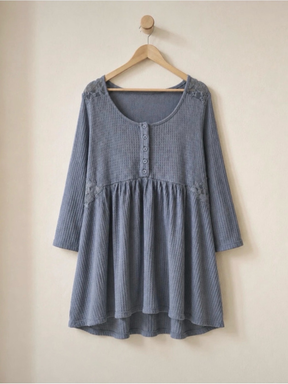 Torrid Dusty Blue Lace-Yoke Waffle-Knit Babydoll Tunic Size 1